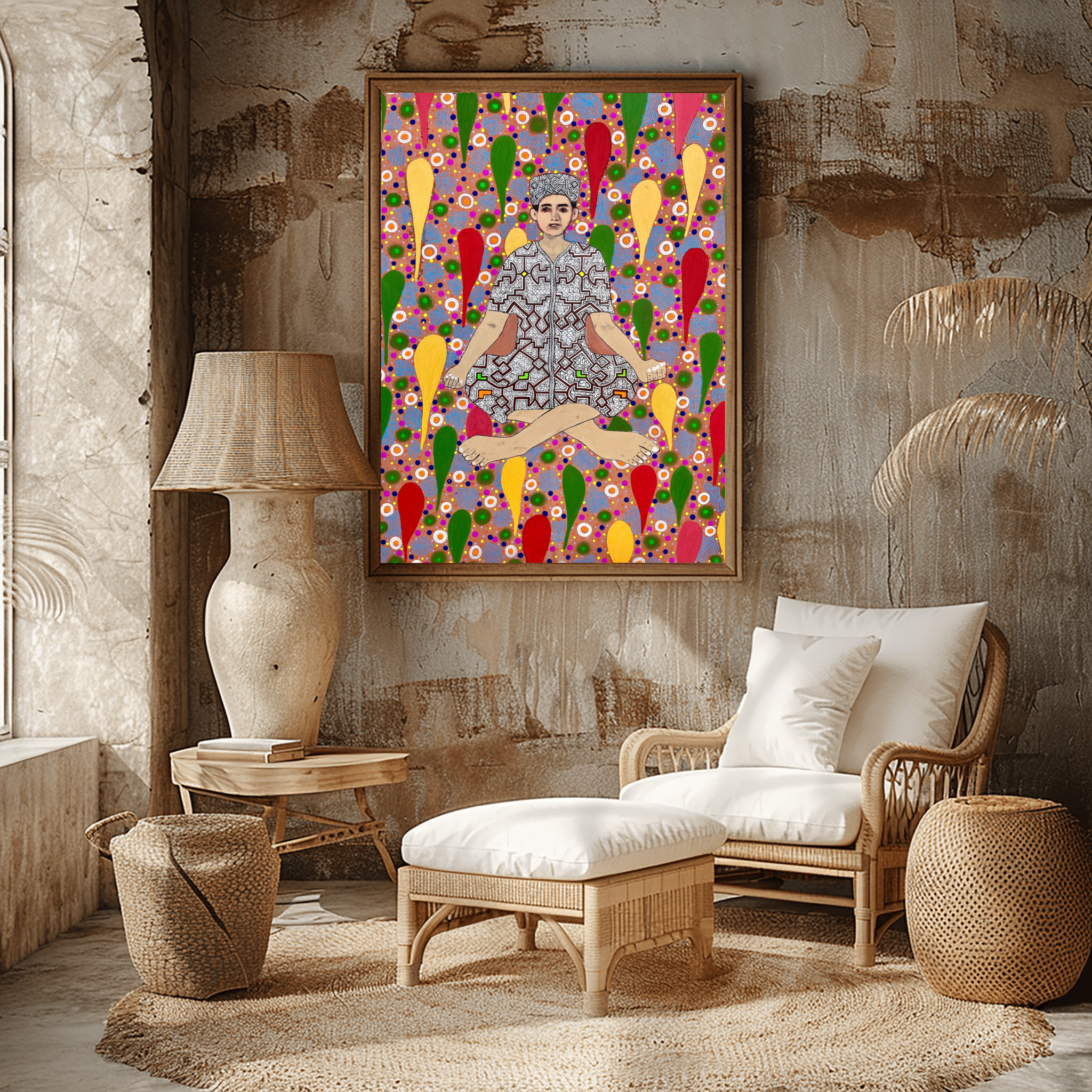 Onaya - ayahuasca visionary painting displayed in modern living room interior