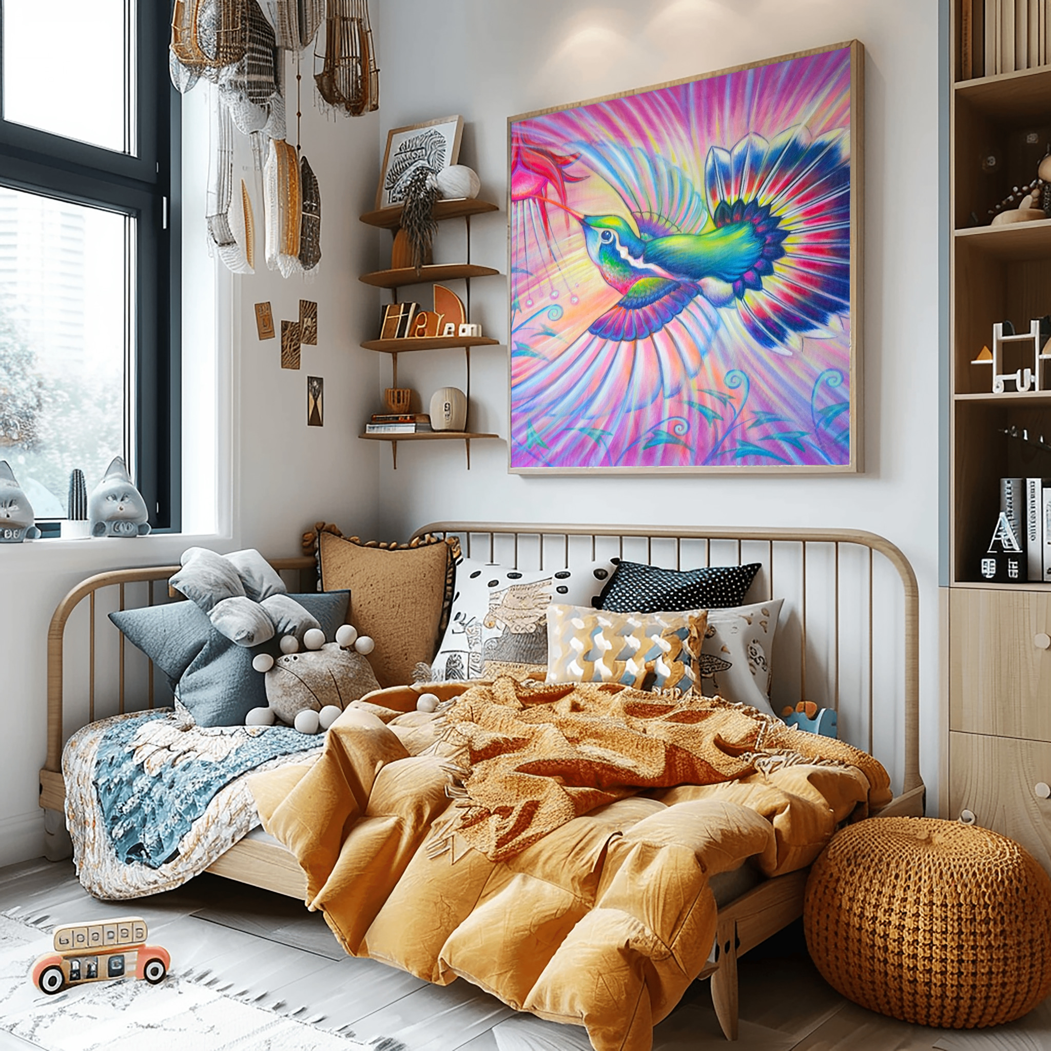 Chupaflor - sacred fauna hummingbird painting displayed in bedroom
